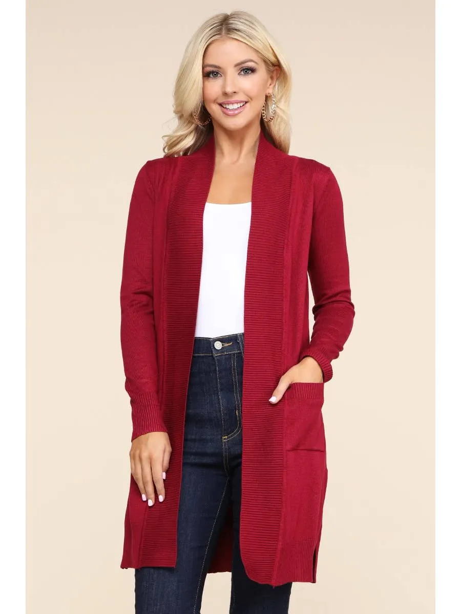 Long Sleeve Open Front Cardigan with Side Pockets