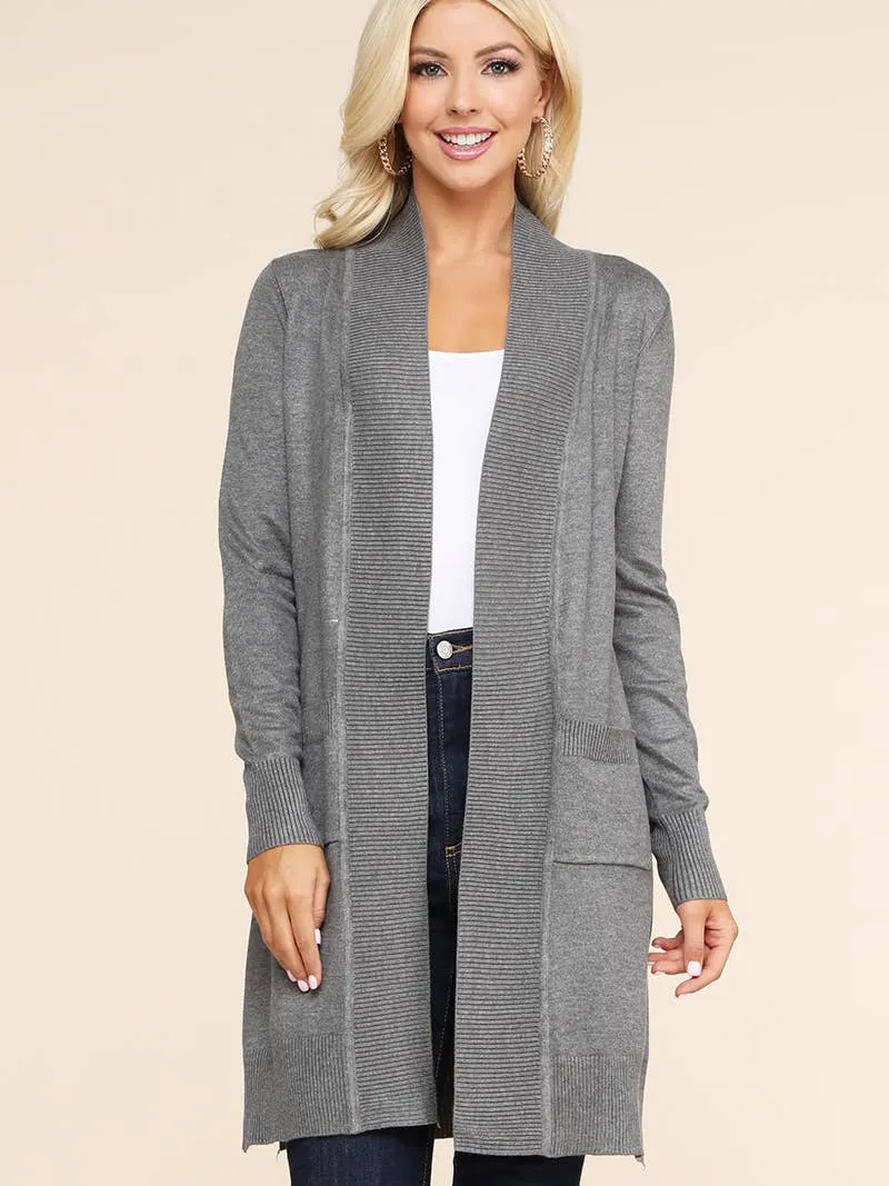 Long Sleeve Open Front Cardigan with Side Pockets