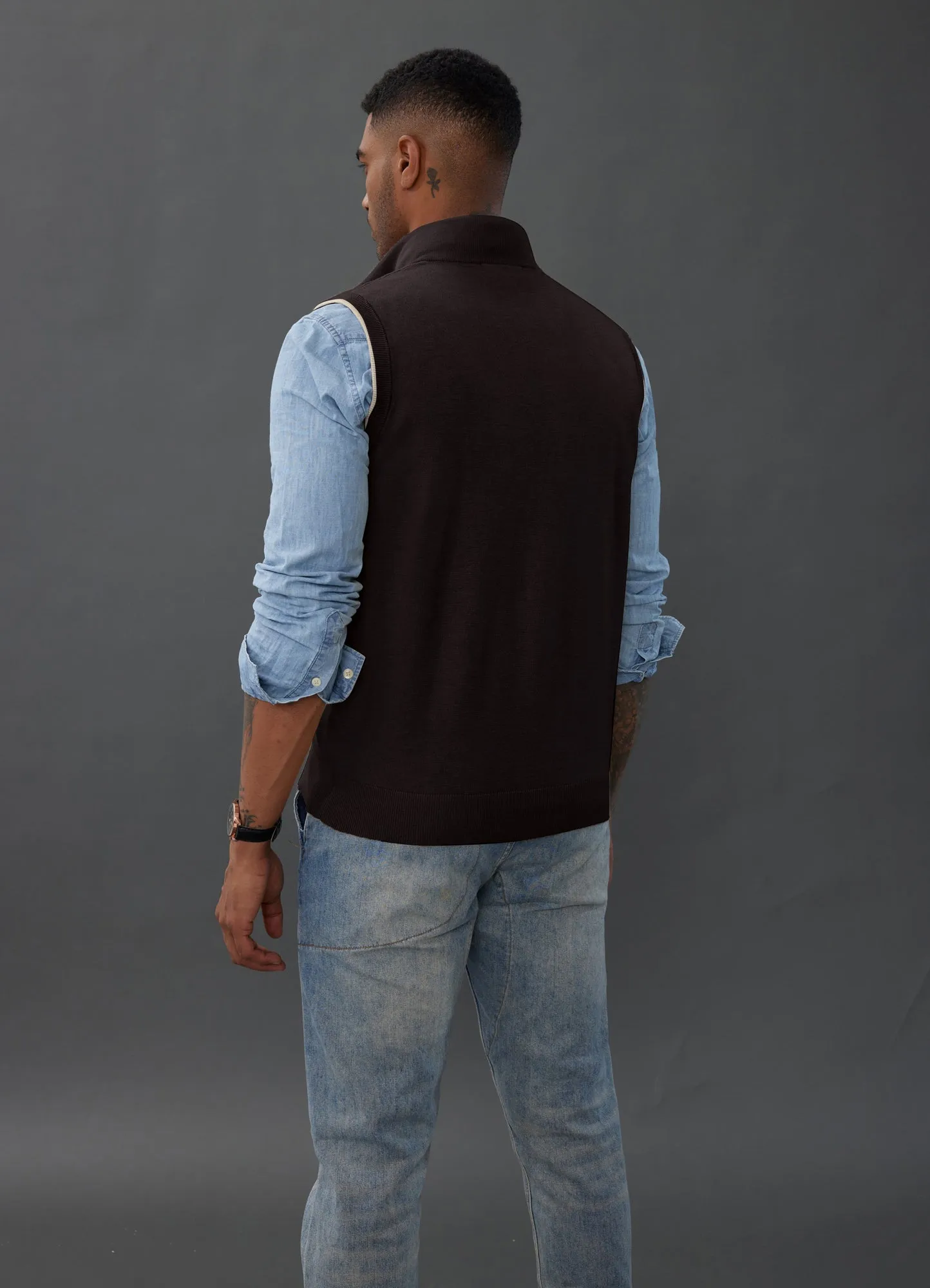 Men Stand Collar Sweater Vest Sleeveless Zip-up Neck Pullover Knitwear