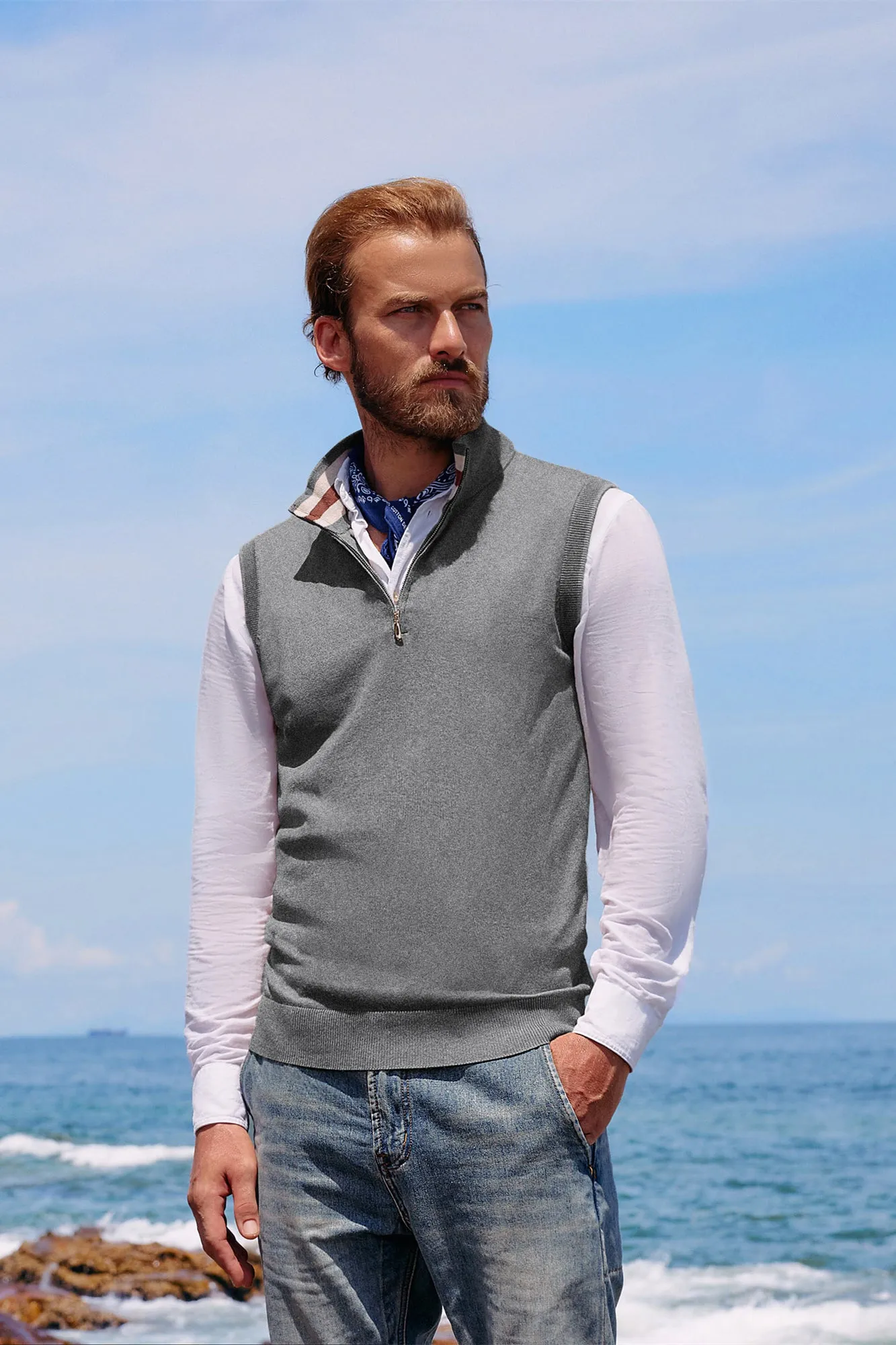 Men Stand Collar Sweater Vest Sleeveless Zip-up Neck Pullover Knitwear