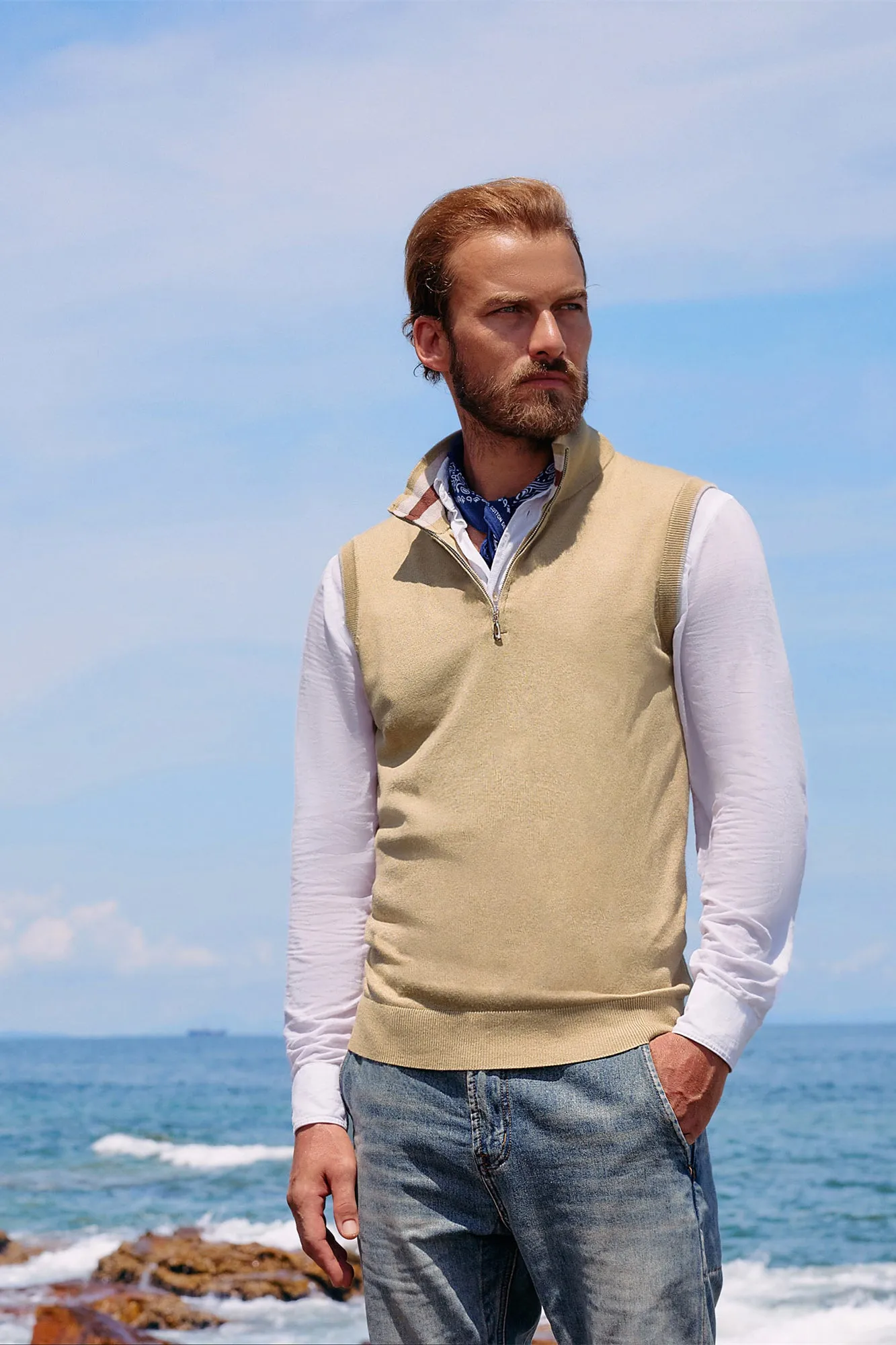 Men Stand Collar Sweater Vest Sleeveless Zip-up Neck Pullover Knitwear