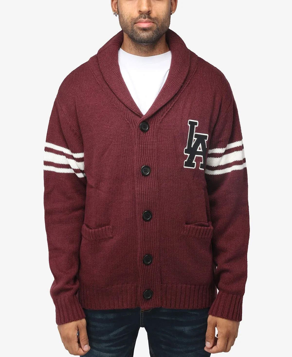 Men's thick cardigan with turn-down collar and city X-Ray patch