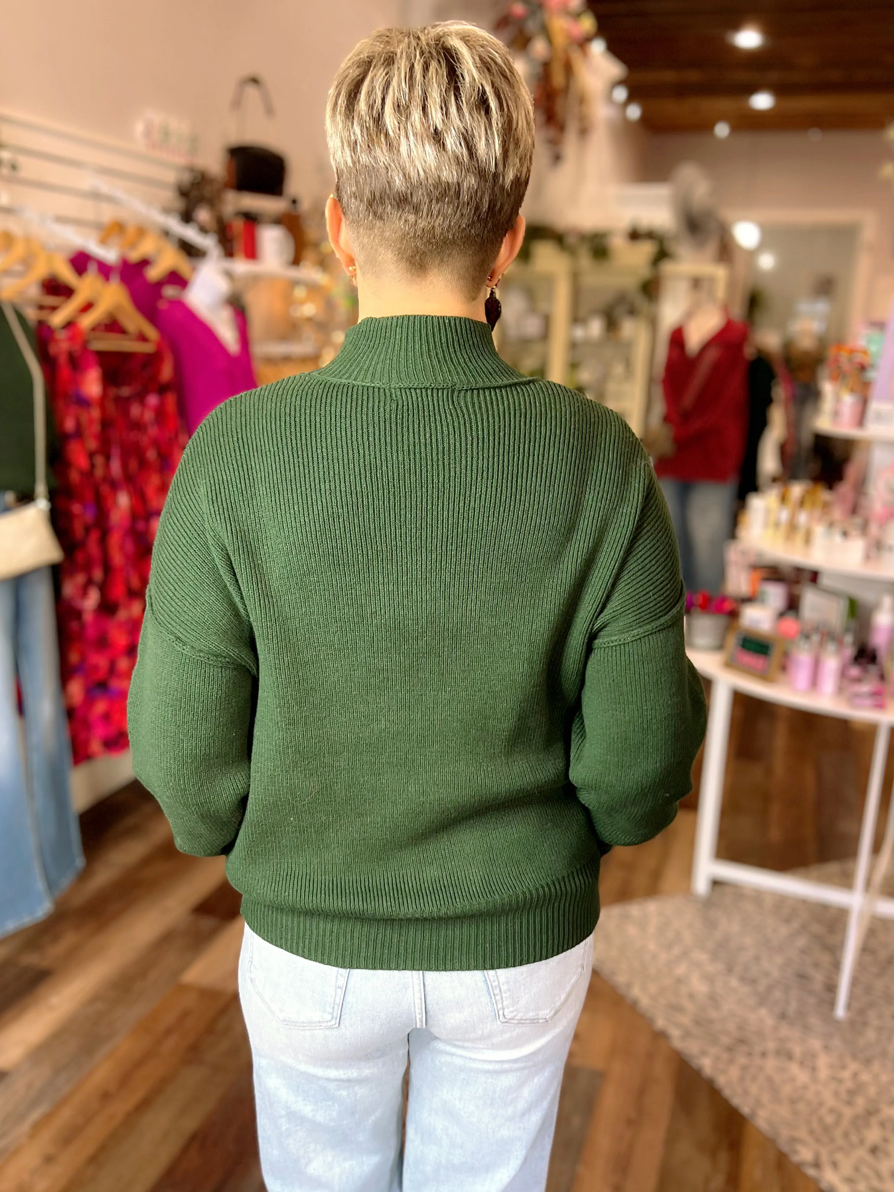 Mock Neck Exposed Seam Sweater in Hunter Green