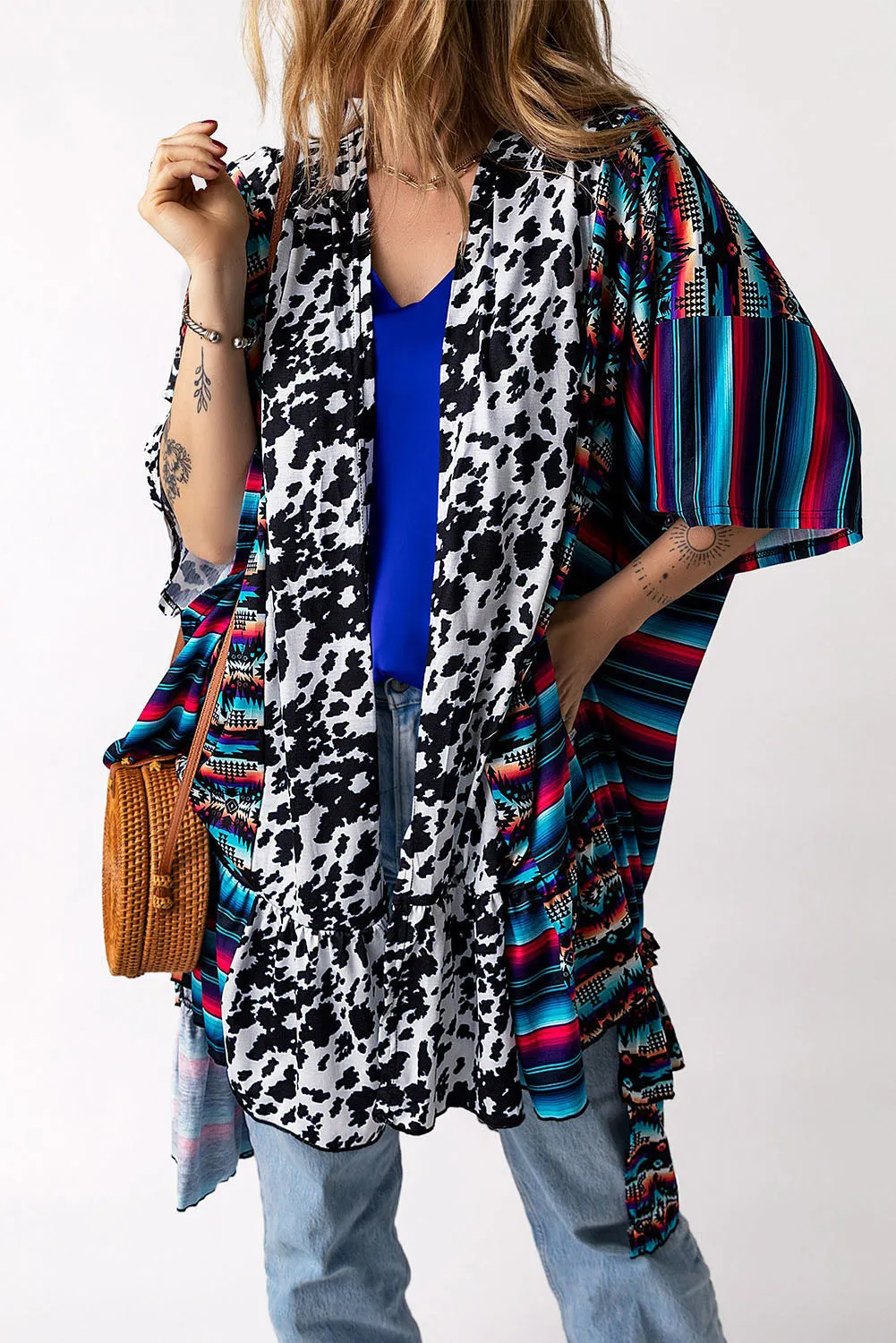 Multicolor Cow Serape Aztec Print Kimono Cardigan