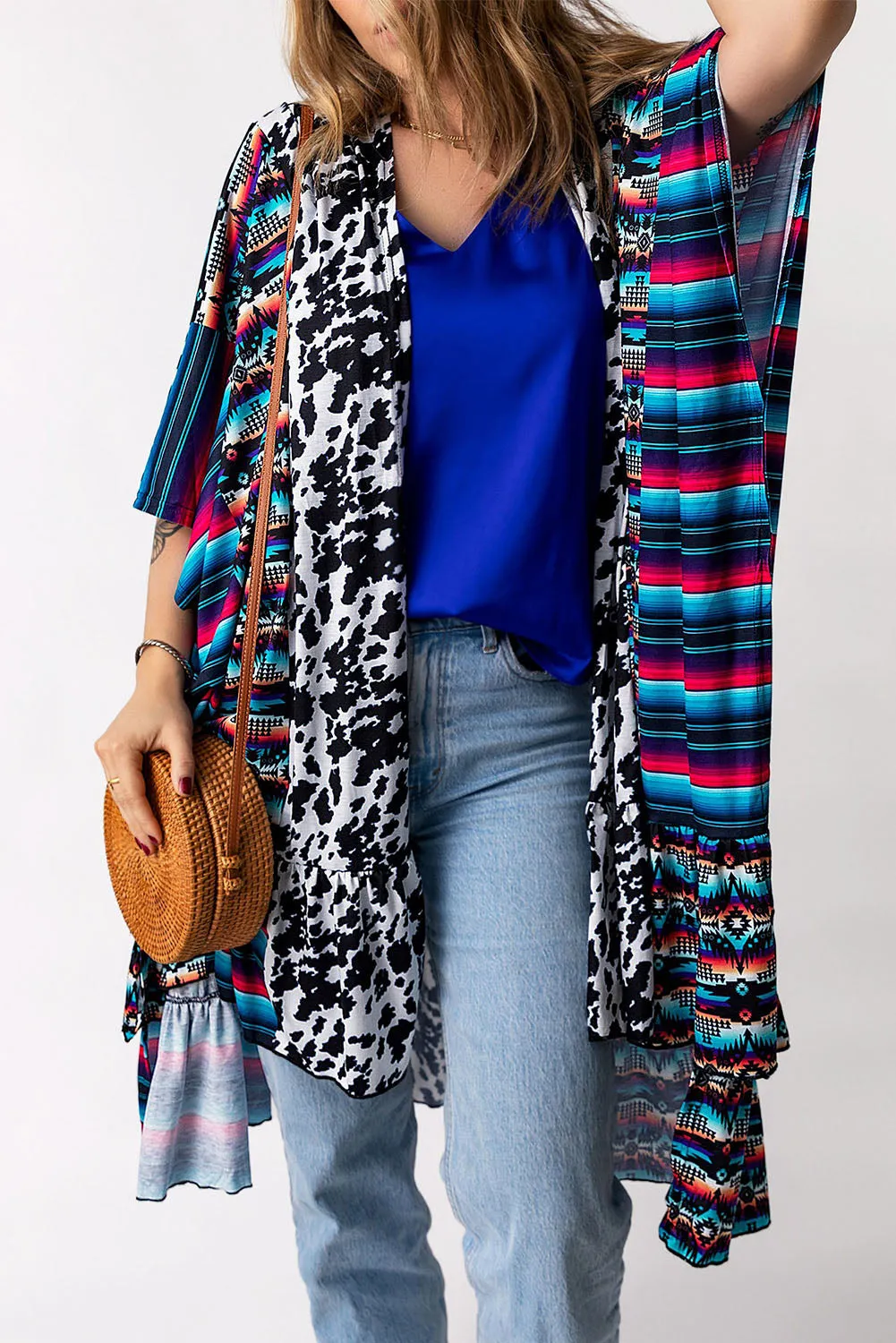 Multicolor Cow Serape Aztec Print Kimono Cardigan