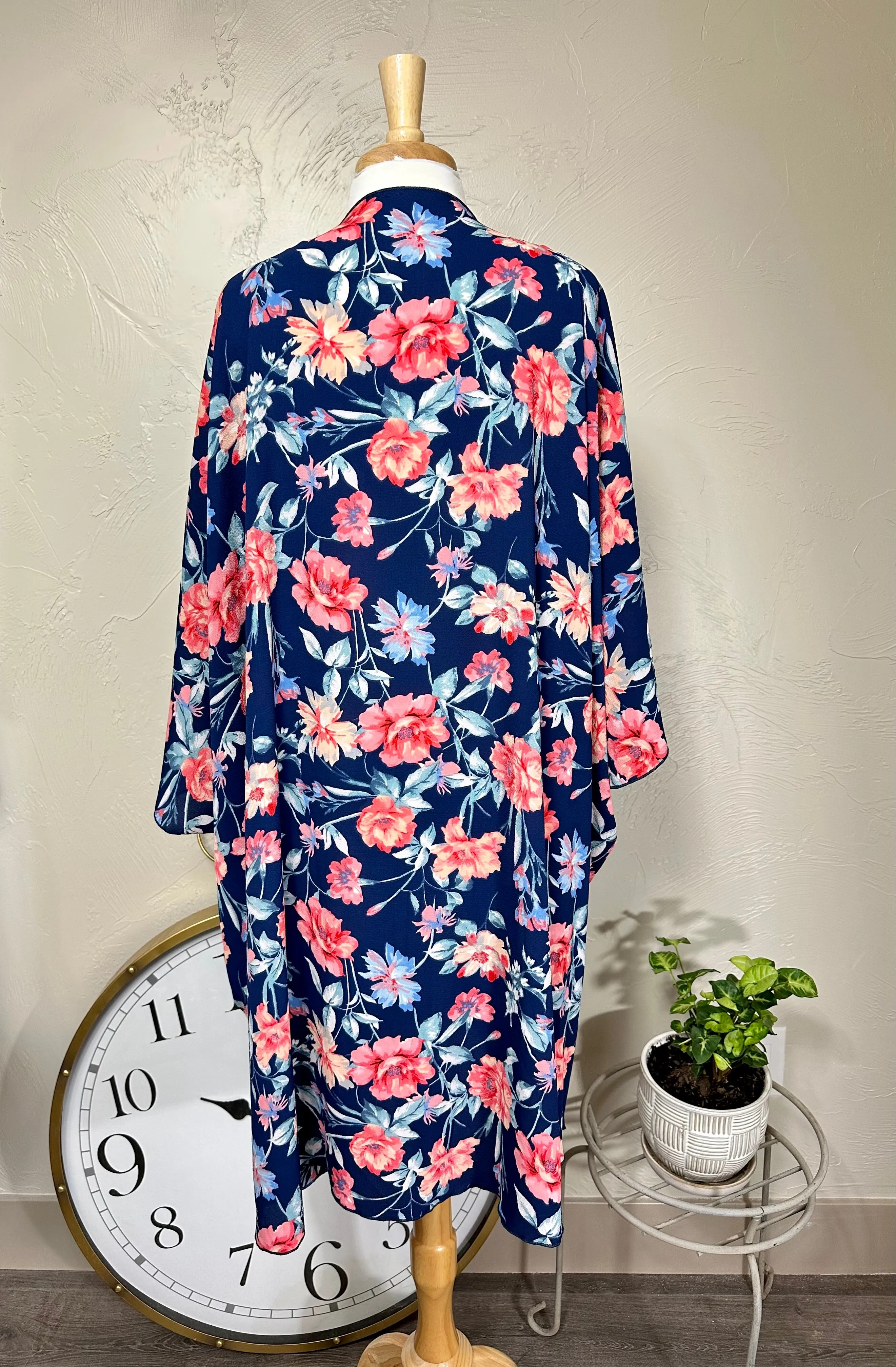 Navy Blue & Floral Kimono Open Cardigan Plus Size