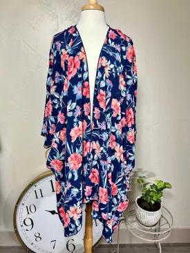 Navy Blue & Floral Kimono Open Cardigan Plus Size