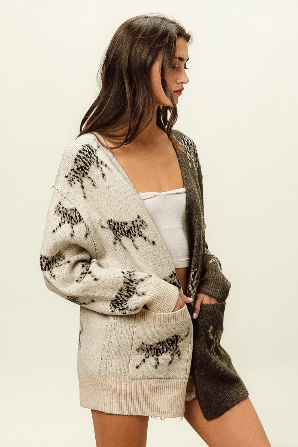 Open Front Long Sleeve Contrast Animal Print Cardigan