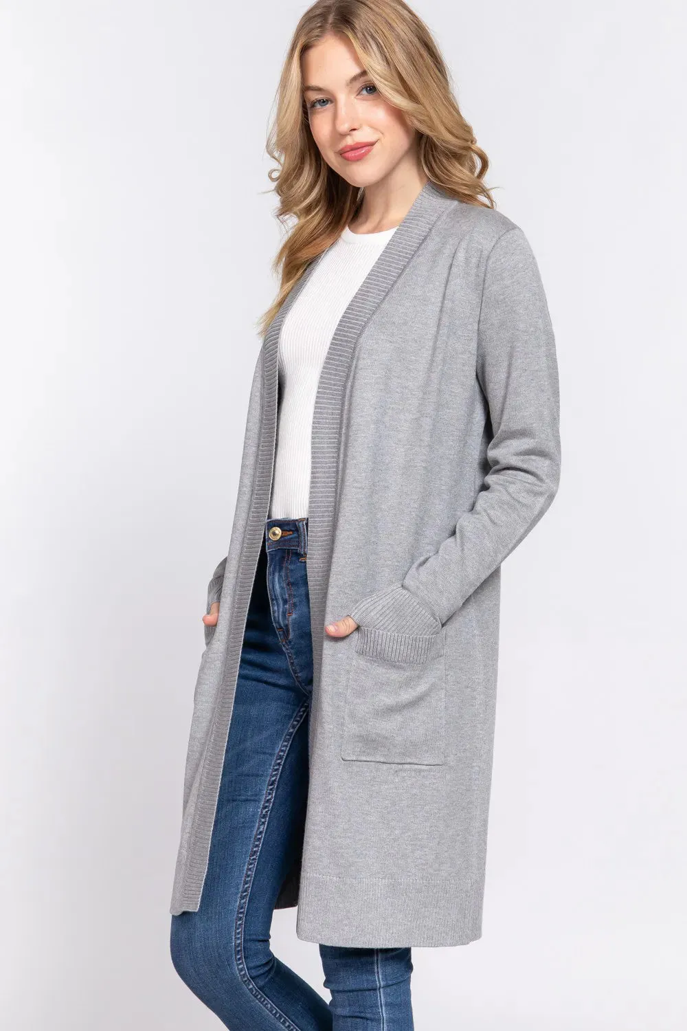 Open Front Rib Trim Long Sleeve Knit Cardigan