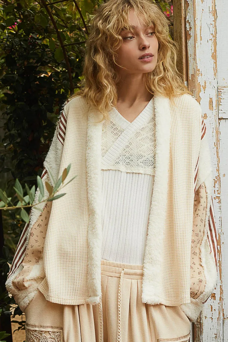 Open Front Waffle Knit Fleece Mix Cardigan