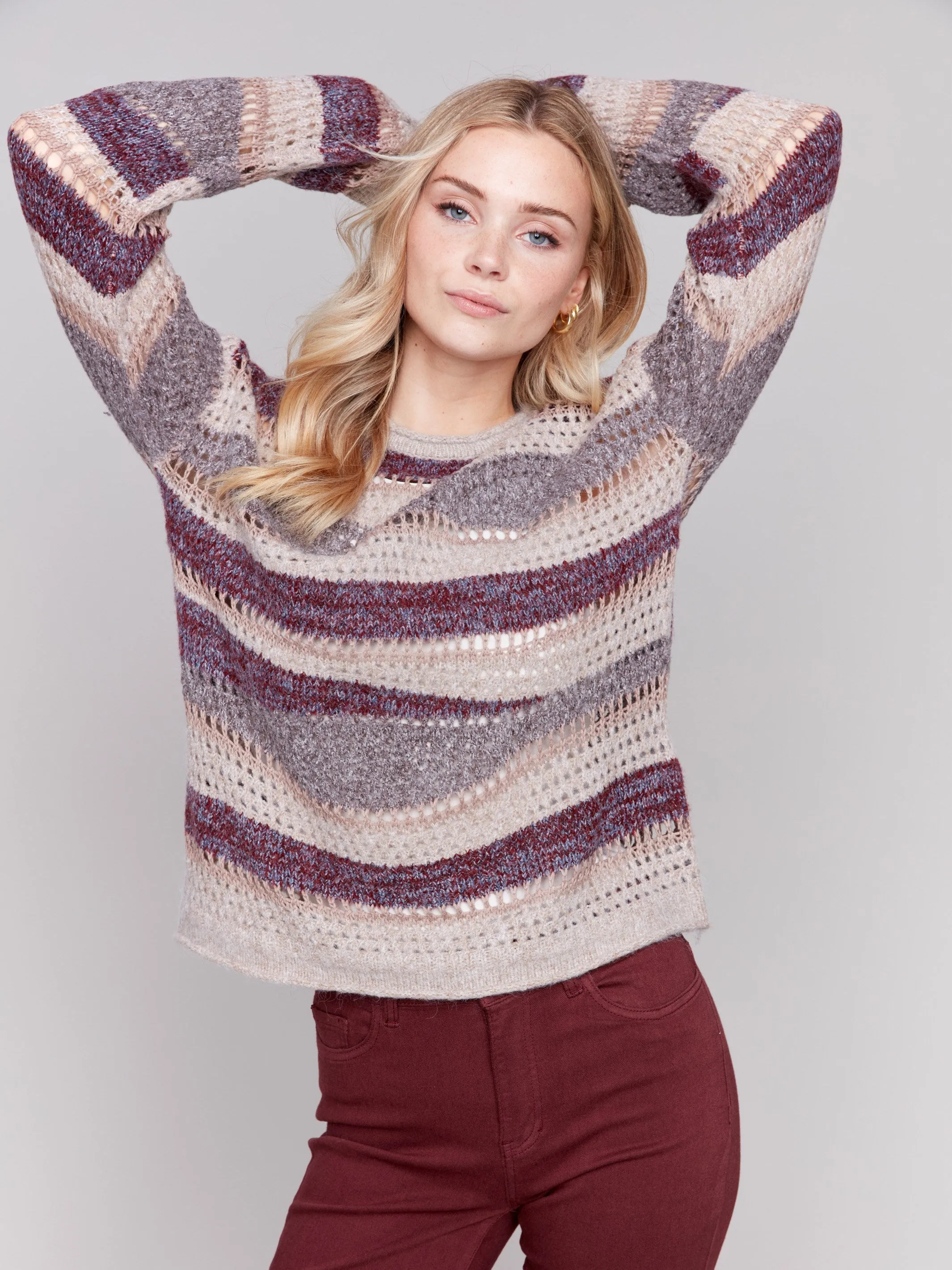 Patchwork Knit Drop Shoulder Sweater - Cabernet