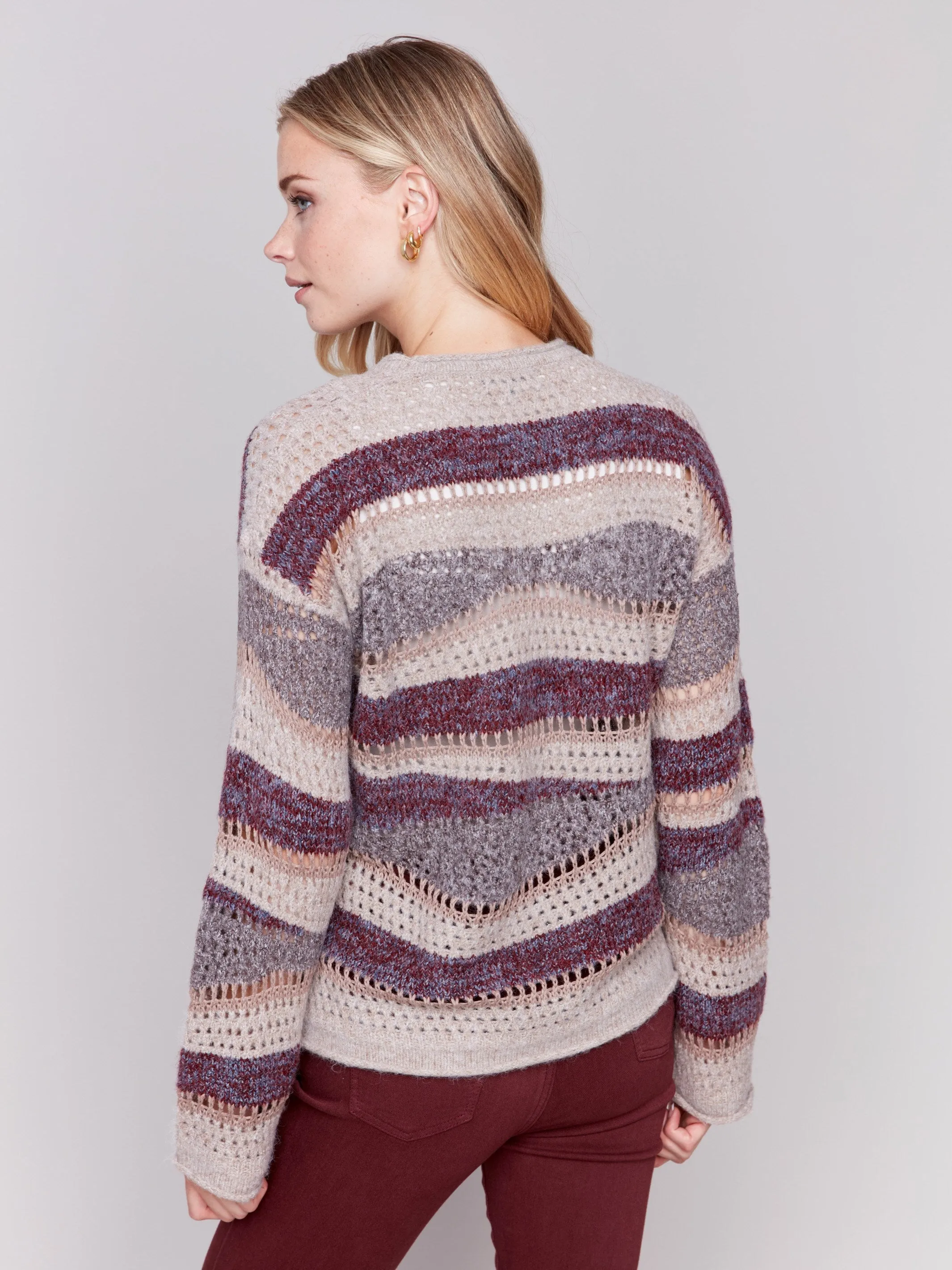 Patchwork Knit Drop Shoulder Sweater - Cabernet