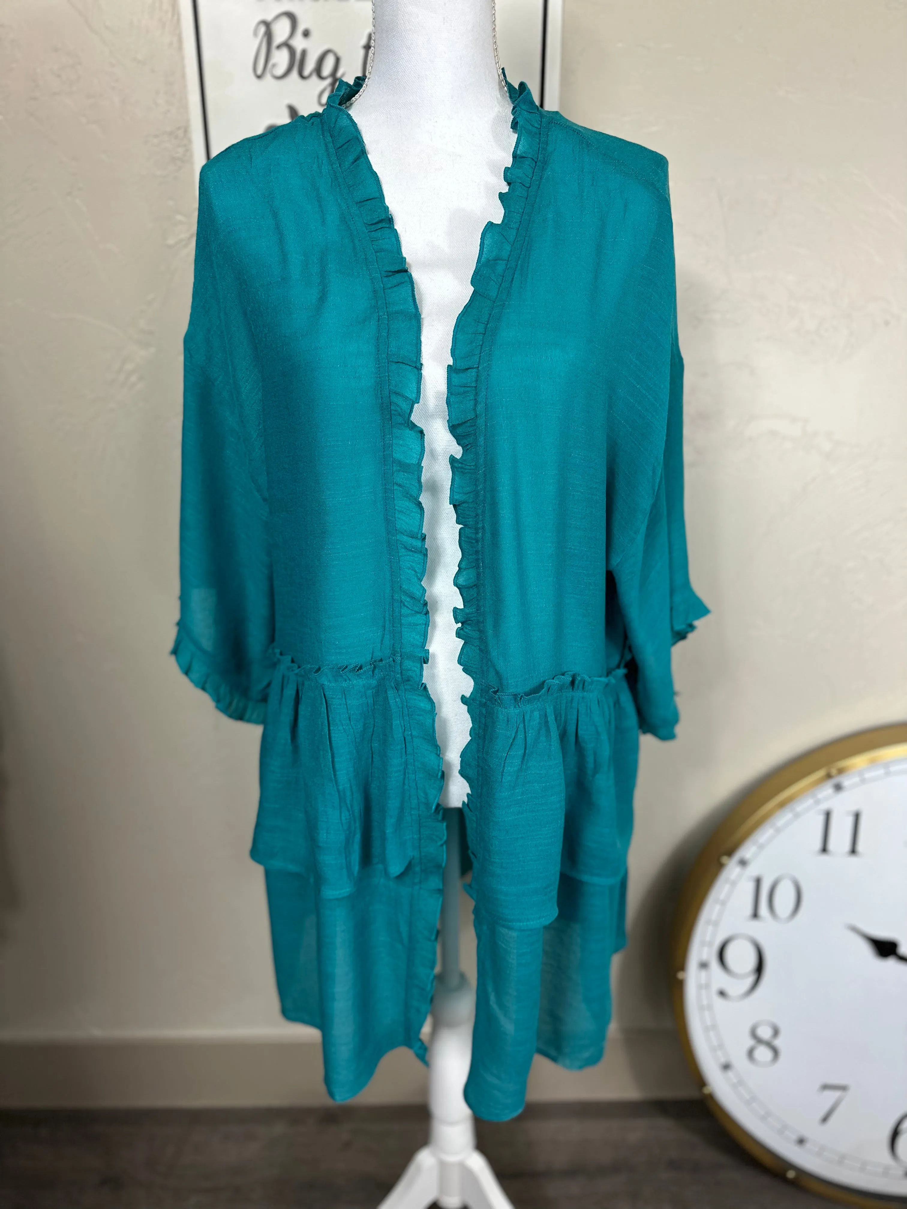 Pink or Turquoise Double Ruffled Long Open Front Cardigan