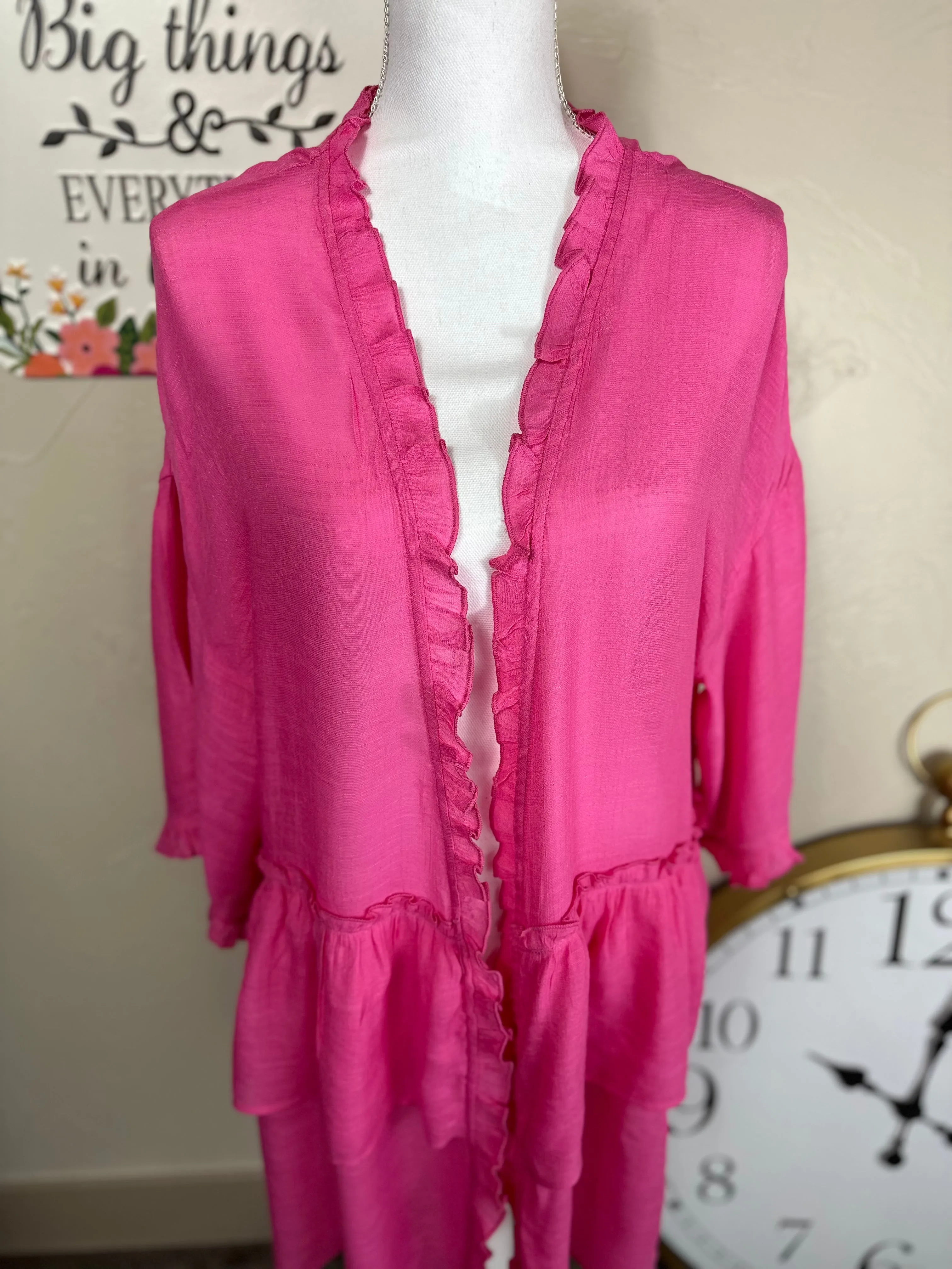 Pink or Turquoise Double Ruffled Long Open Front Cardigan