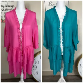 Pink or Turquoise Double Ruffled Long Open Front Cardigan