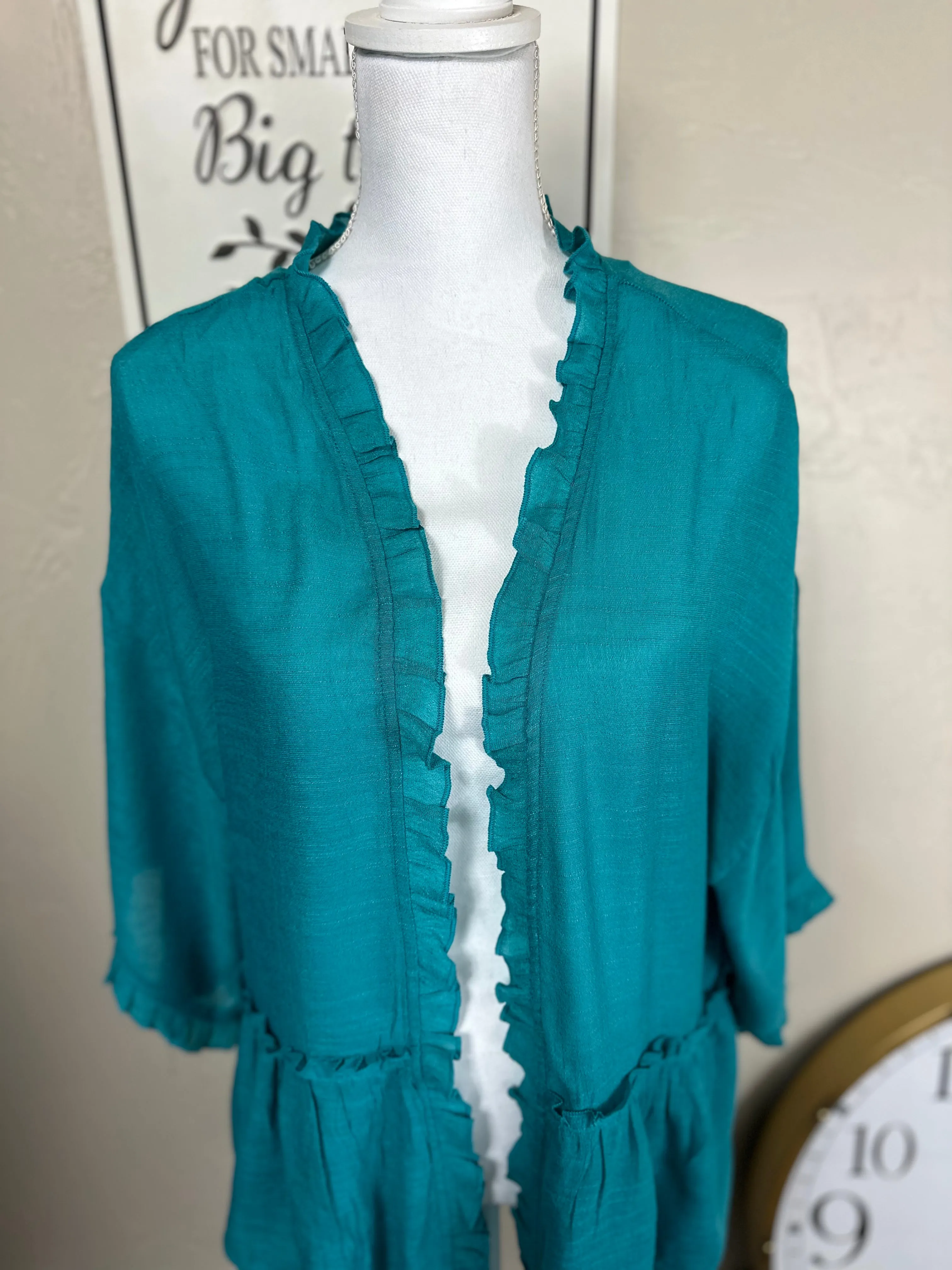 Pink or Turquoise Double Ruffled Long Open Front Cardigan