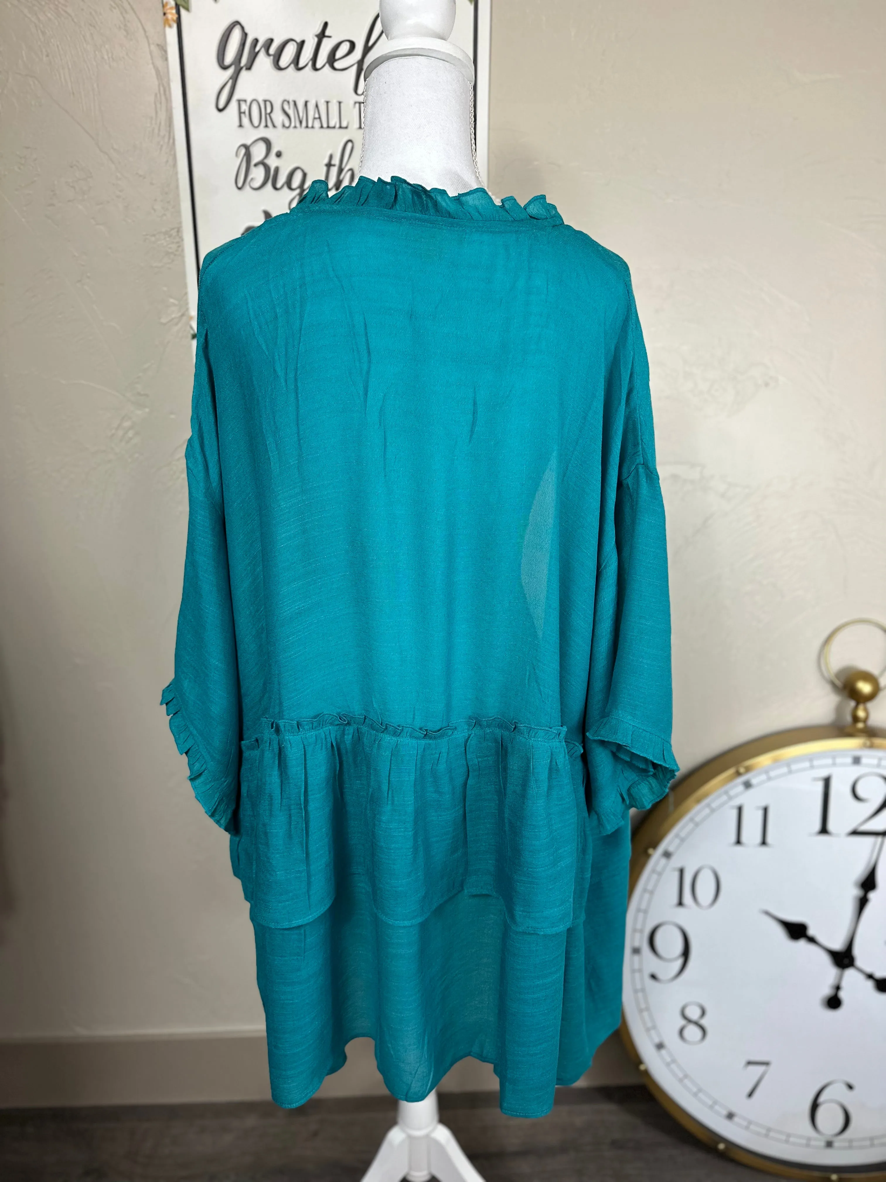 Pink or Turquoise Double Ruffled Long Open Front Cardigan