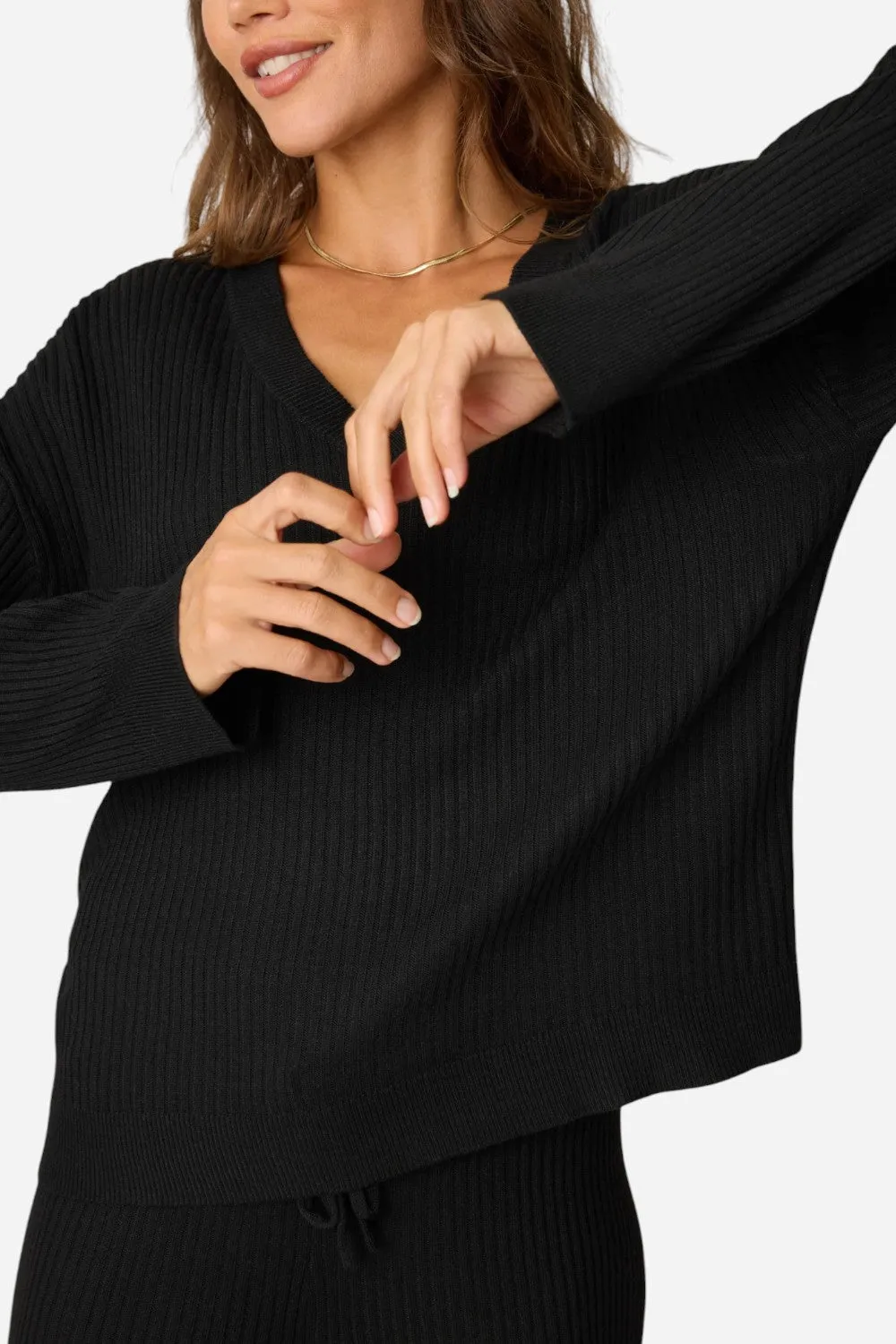 PJ Salvage Jet Set Luxe Ribbed Long Sleeve Top in Black