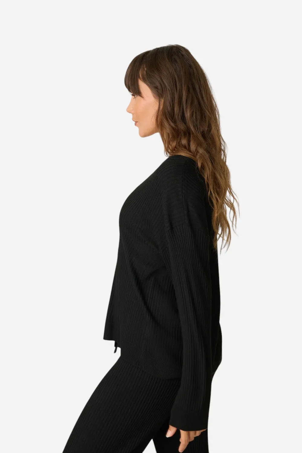 PJ Salvage Jet Set Luxe Ribbed Long Sleeve Top in Black