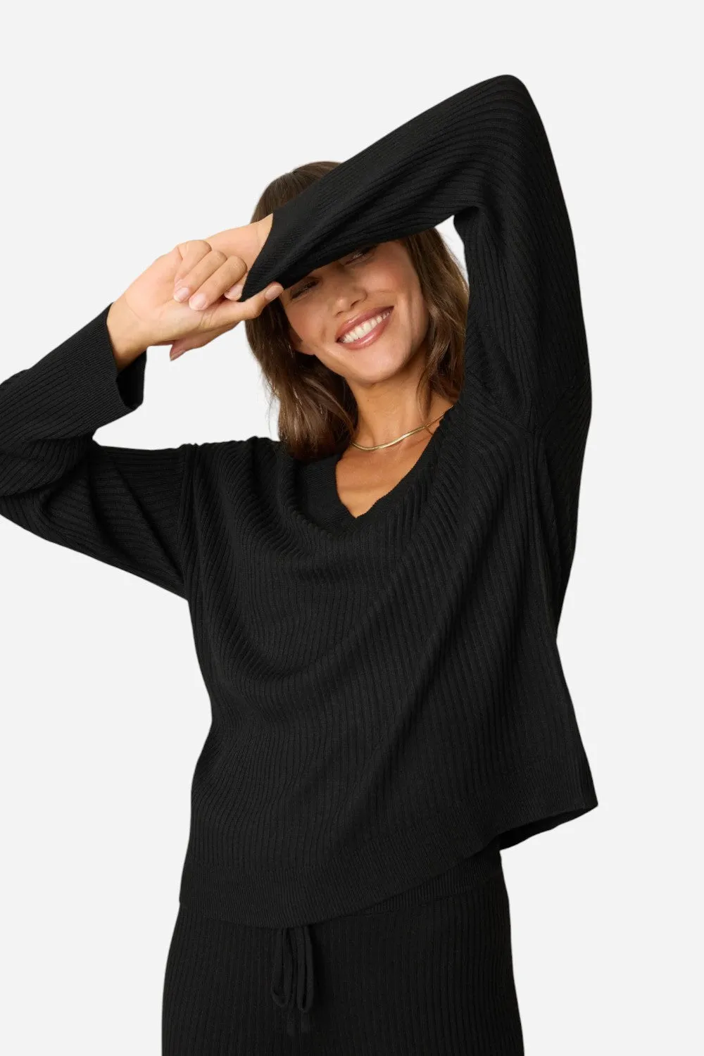 PJ Salvage Jet Set Luxe Ribbed Long Sleeve Top in Black