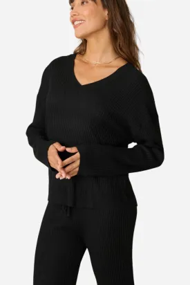 PJ Salvage Jet Set Luxe Ribbed Long Sleeve Top in Black