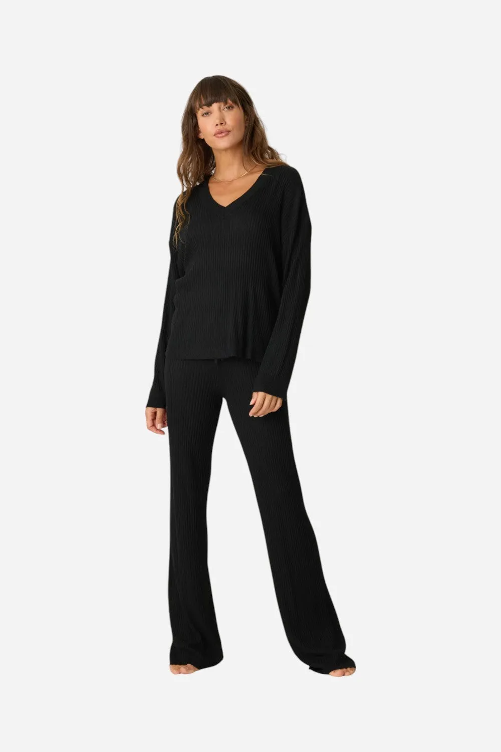 PJ Salvage Jet Set Luxe Ribbed Long Sleeve Top in Black