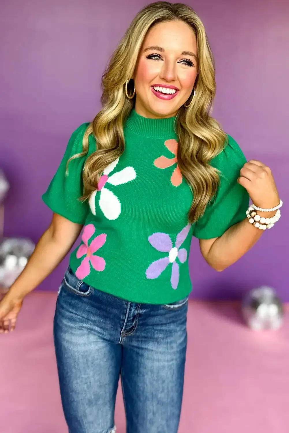 Playful Green Floral Bubble Sleeve Sweater