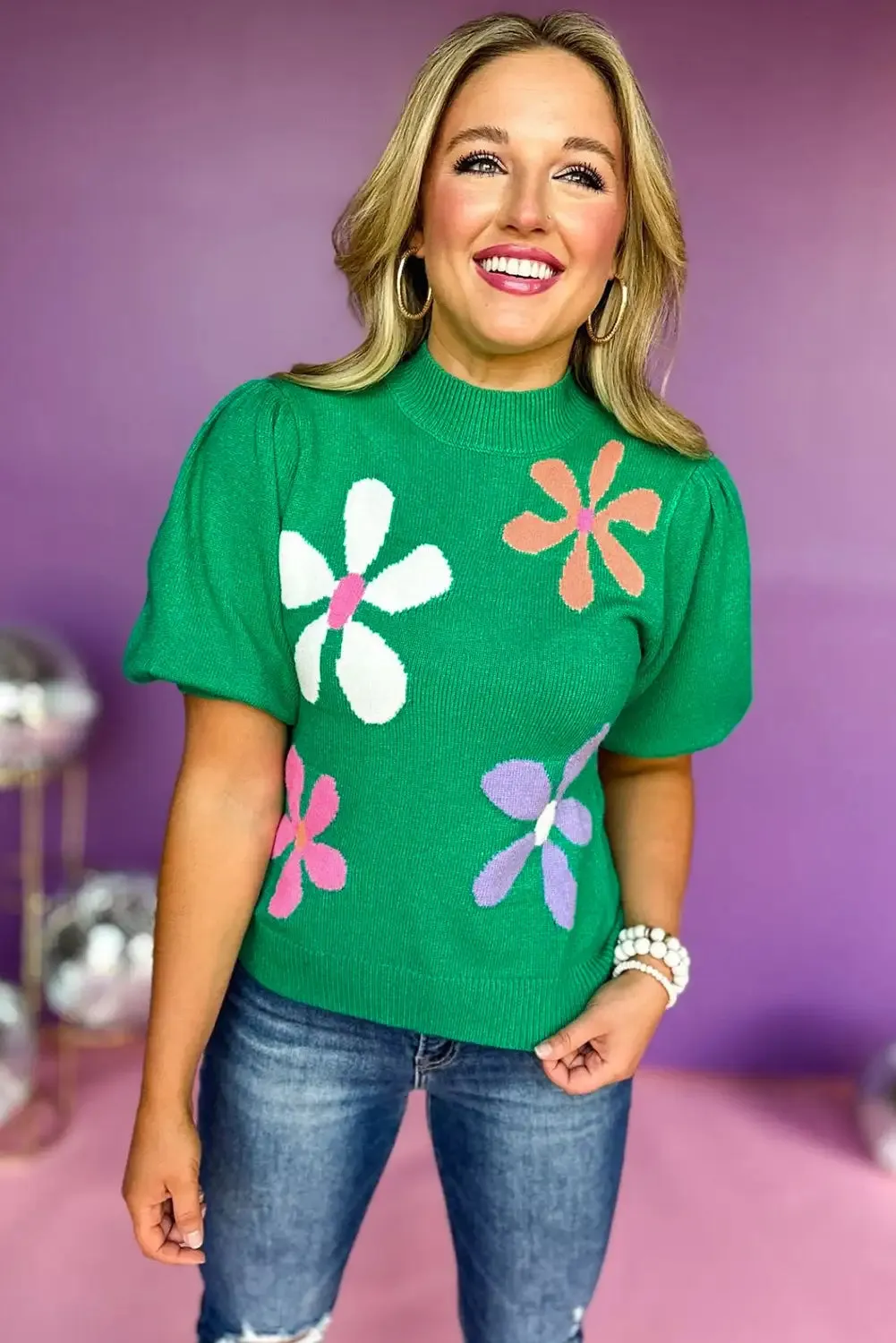 Playful Green Floral Bubble Sleeve Sweater