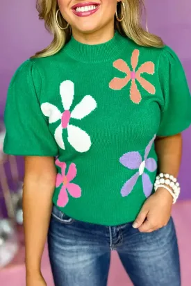 Playful Green Floral Bubble Sleeve Sweater