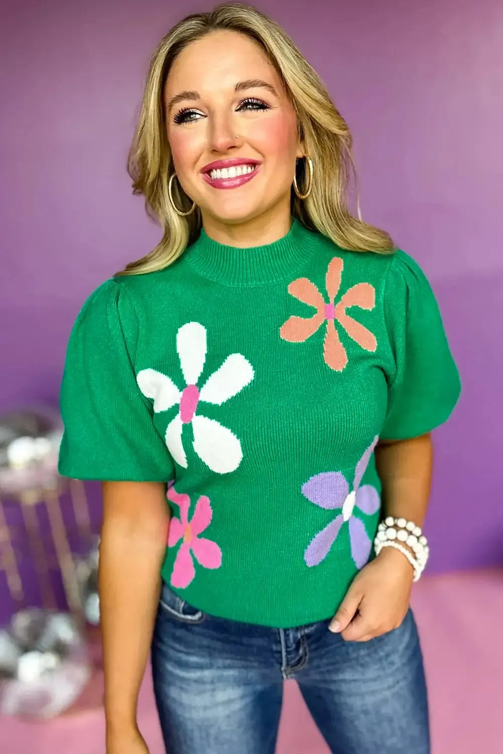 Playful Green Floral Bubble Sleeve Sweater