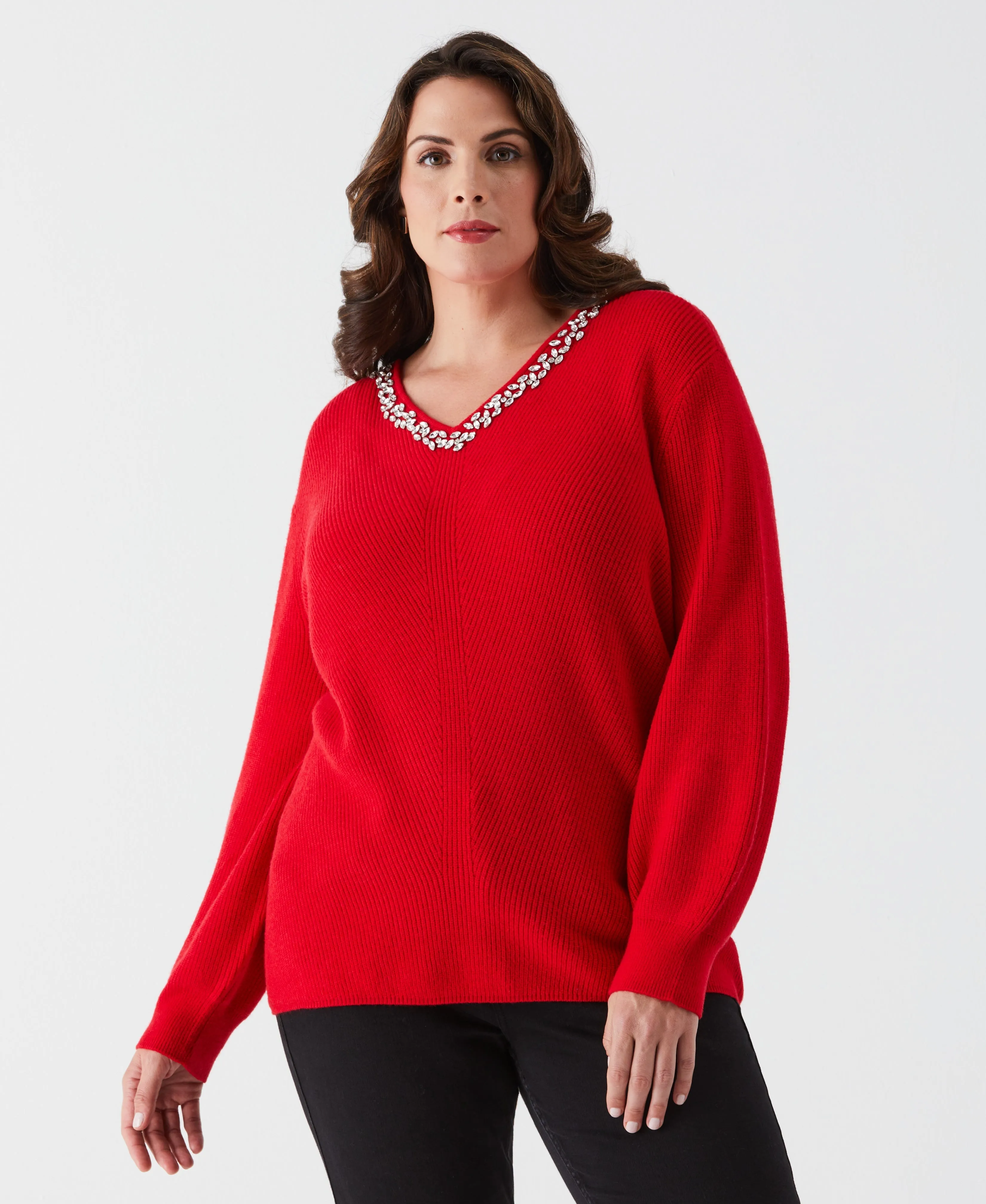 Plus Size Embellished V-Neck Sweater