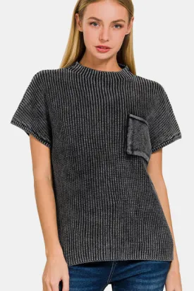 Pocketed Mock Neck Short Sleeve Sweater