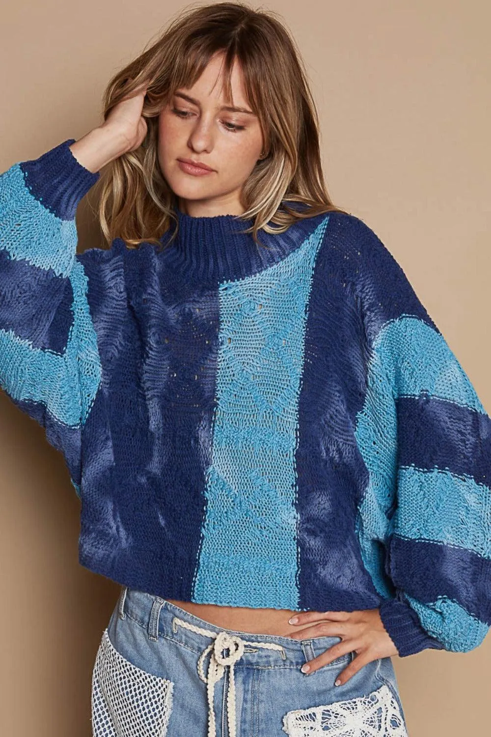 POL Sweater Blue Color Block Mock Neck Long Sleeve Oversized