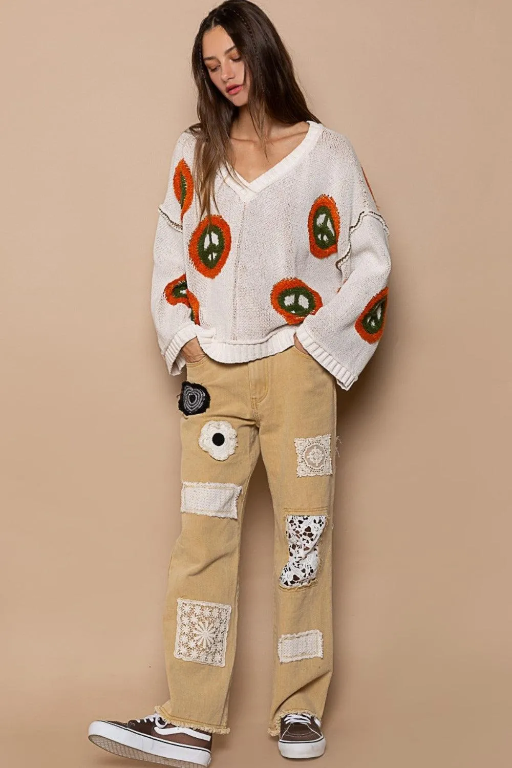 POL Sweater V Neck Long Sleeve Peace Pattern Oversized Pullover