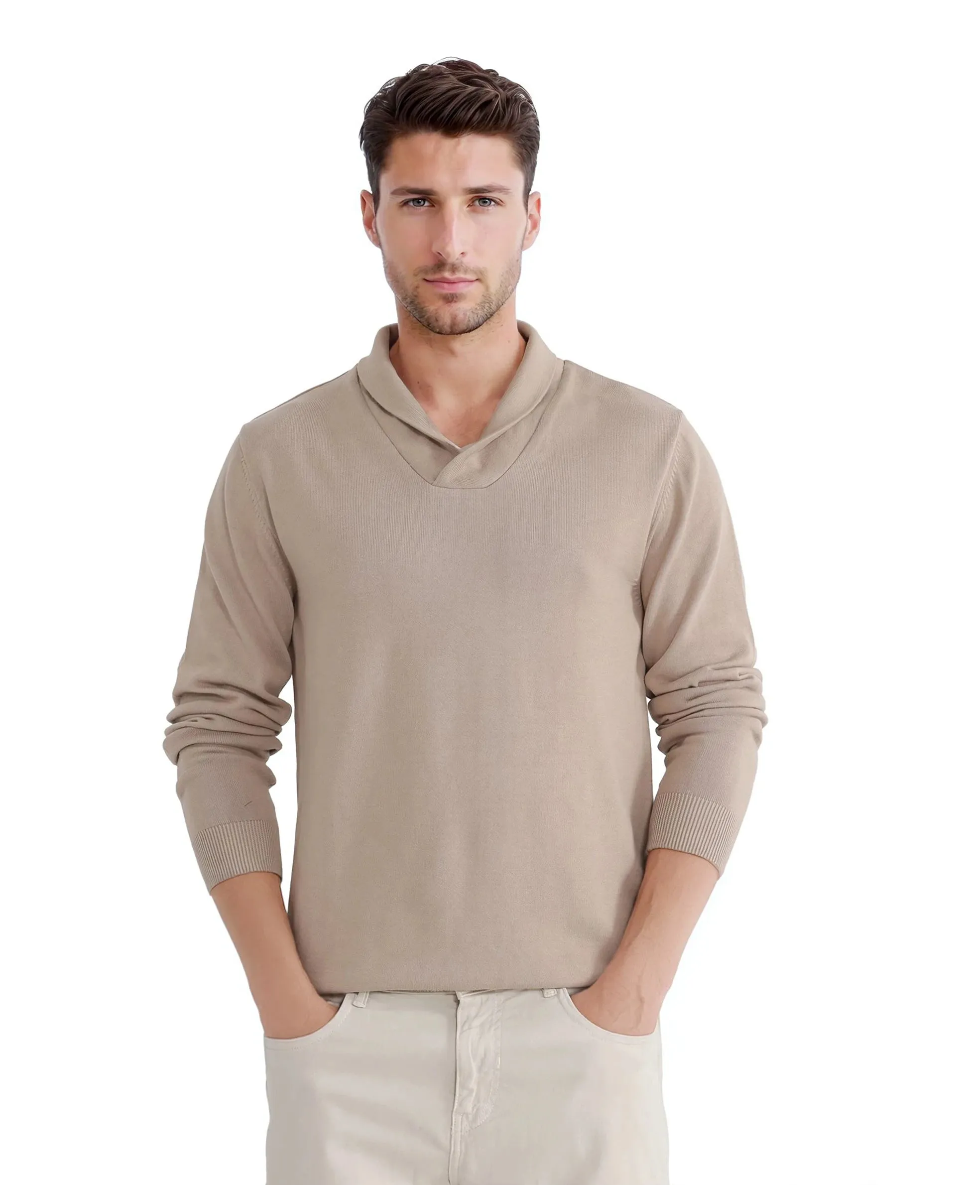 Rare Rabbit Men's Kenlay Beige Full Sleeve Collarless Regular Fit Plain Sweater