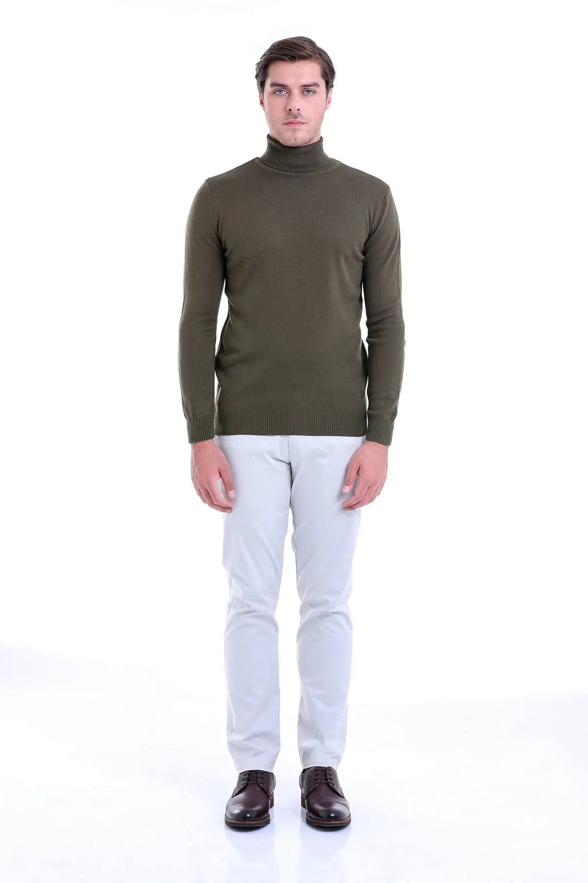 Regular Fit Basic Plain Khaki Turtleneck Sweater