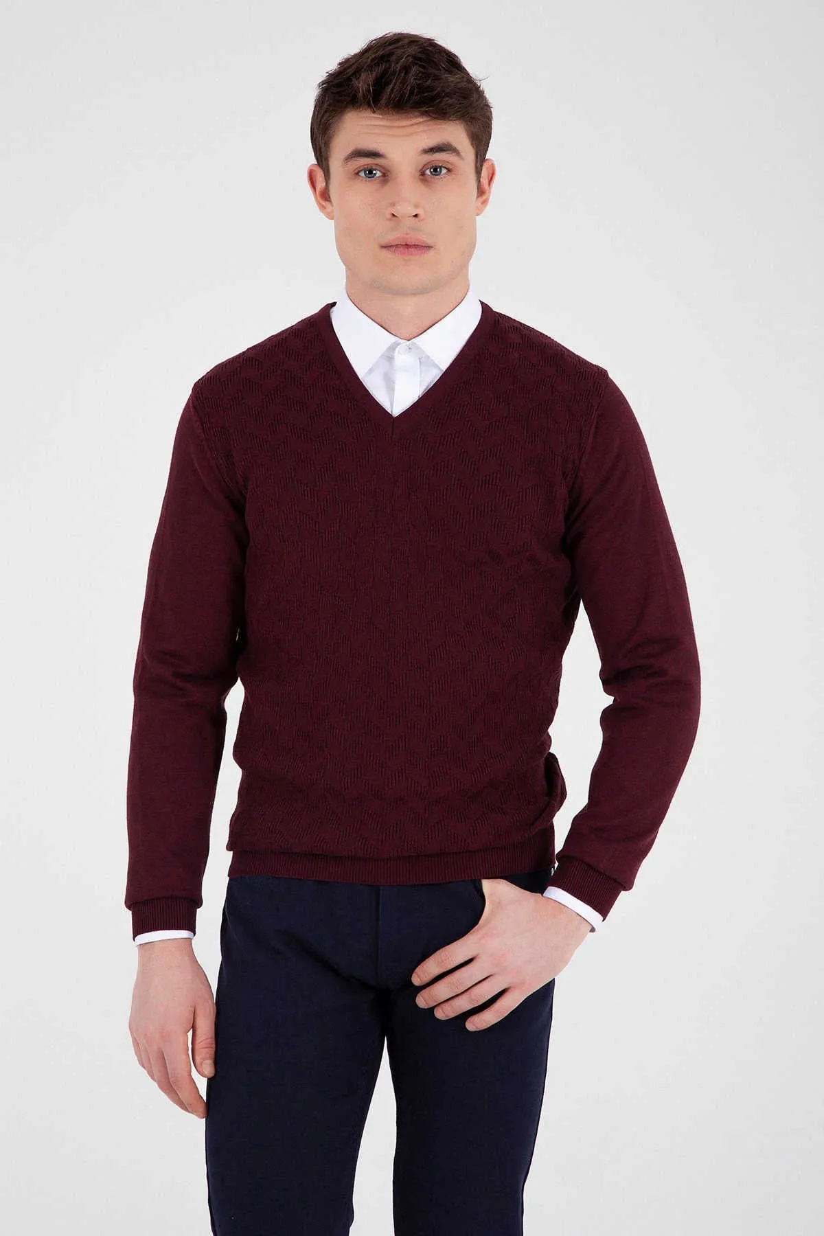 Regular Fit Cotton Blend Burgundy V-Neck Sweater