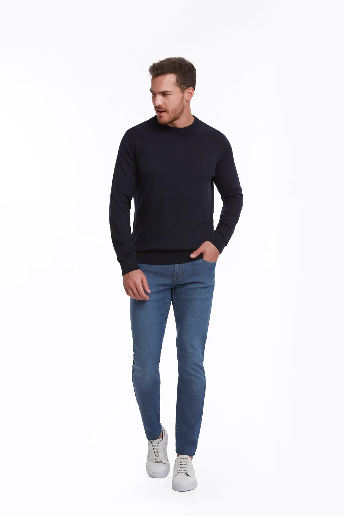 Regular Fit Cotton Navy Crewneck Sweater