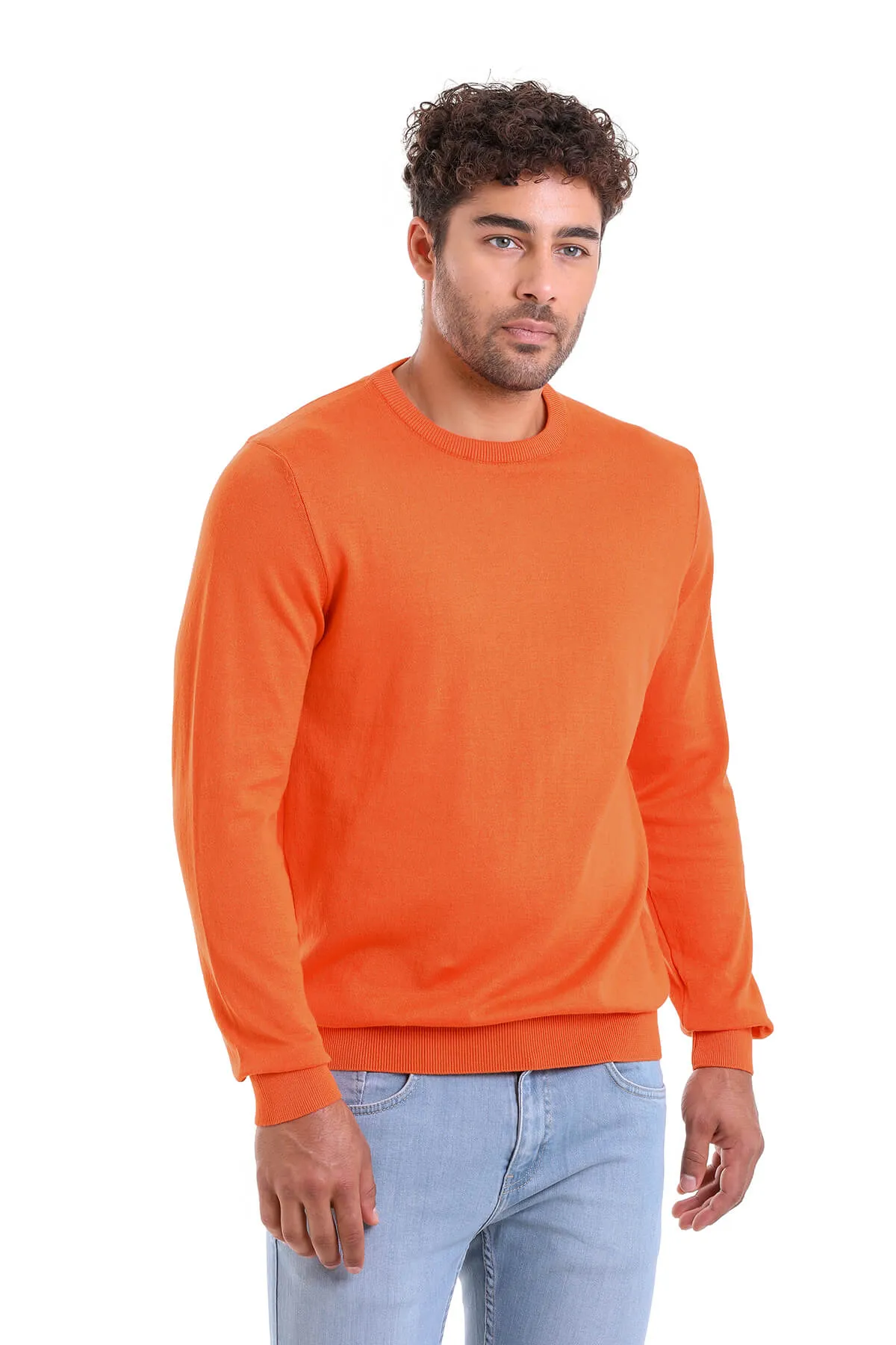 Regular Fit Plain Cotton Beige Crewneck Sweater, Salmon