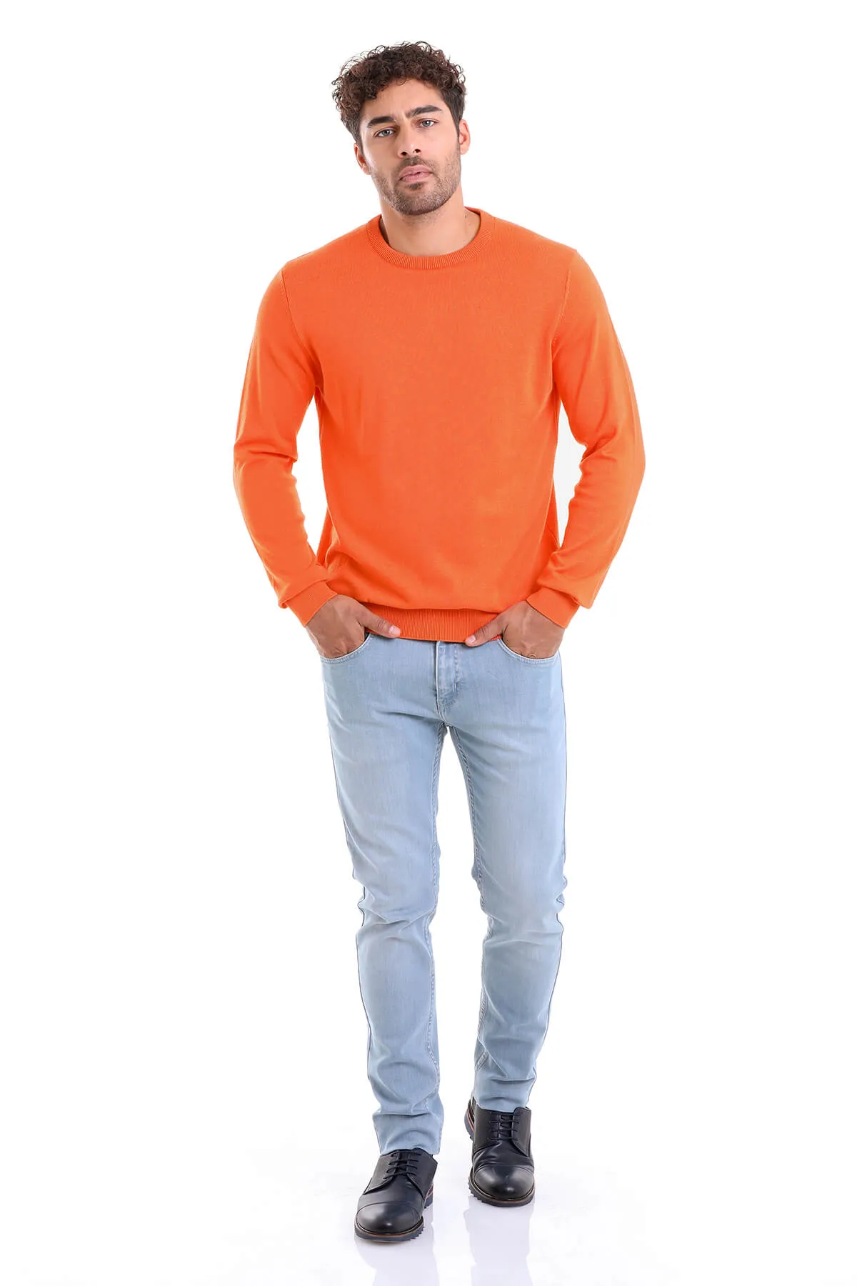 Regular Fit Plain Cotton Beige Crewneck Sweater, Salmon