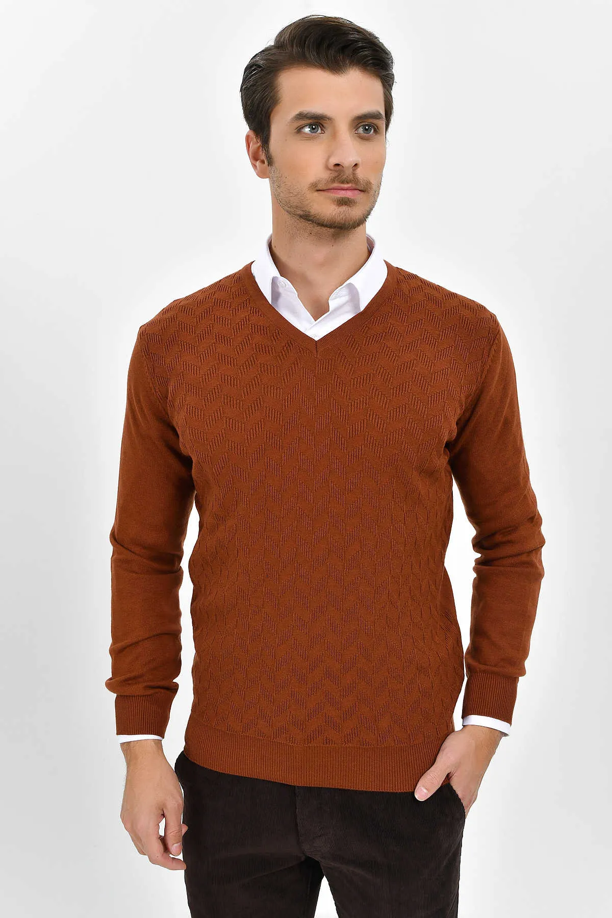 Regular Fit Plain Cotton Blend Burgundy V-Neck Sweater, Cinnamon