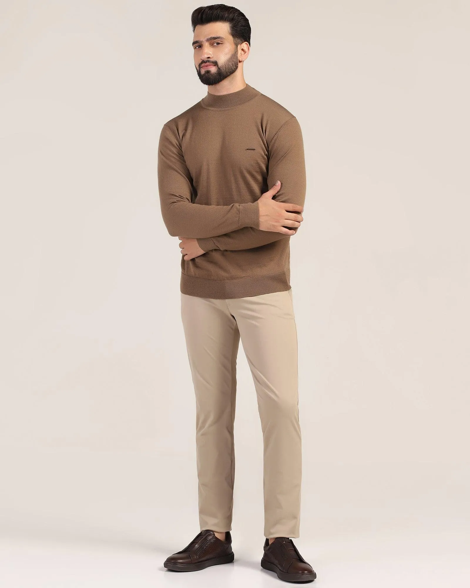 Round Neck Tobacco Brown Solid Sweater - Jester