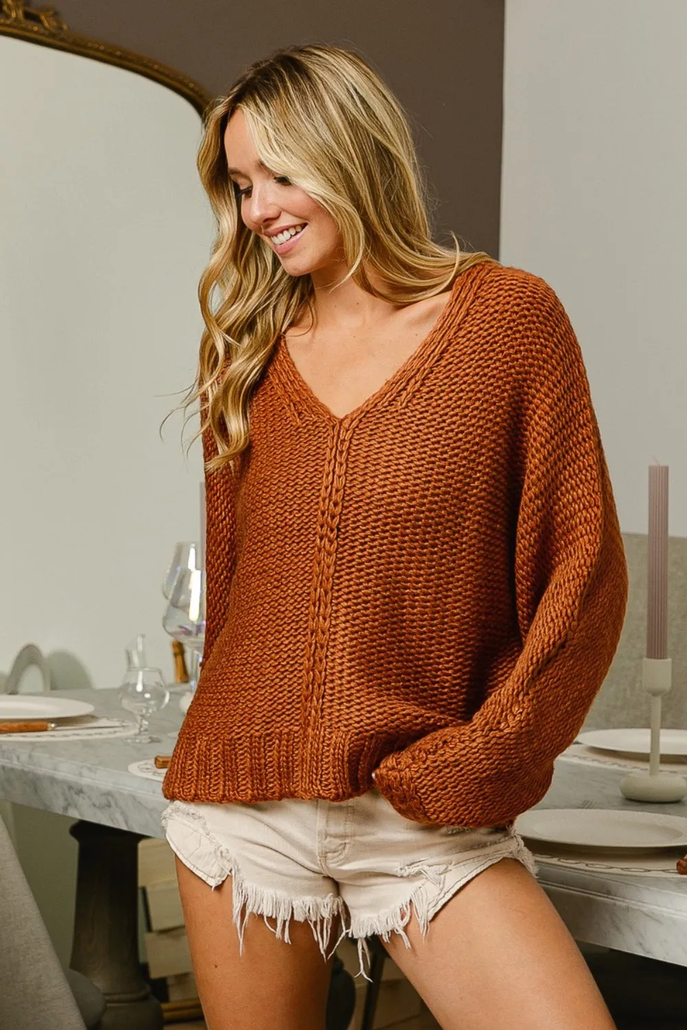 Saffron V-Neck Cable Knit Sweater