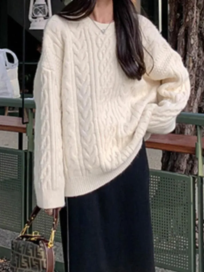 Solid Cable Knit Pullover Sweater