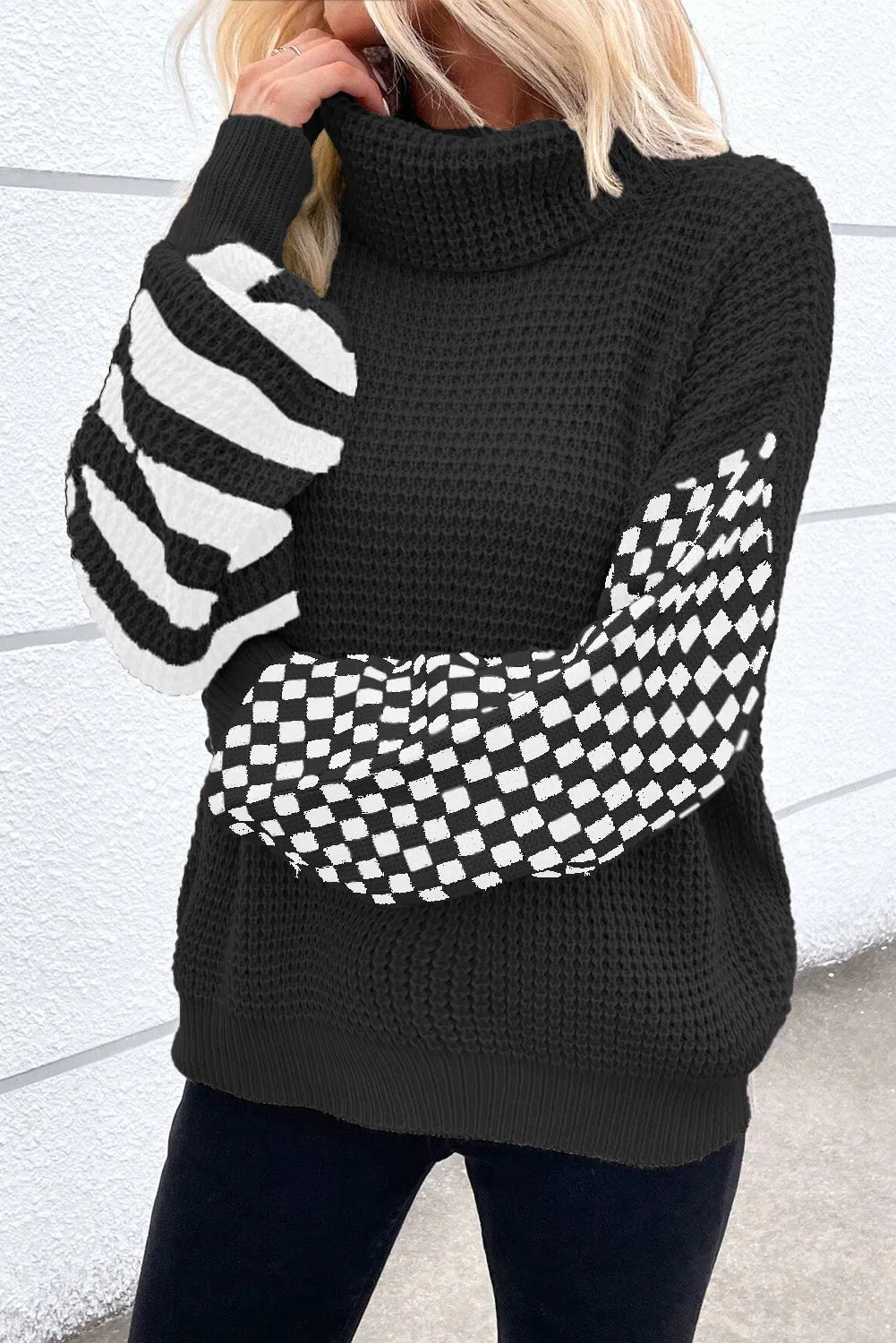 Stripe Checker Patchwork Waffle Sweater