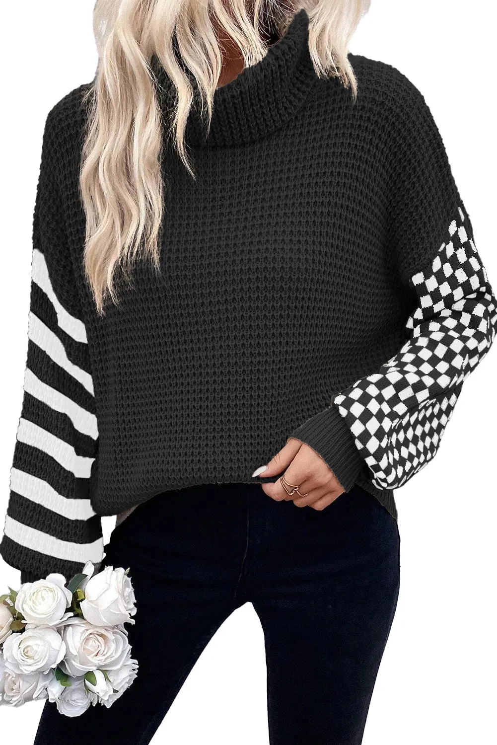 Stripe Checker Patchwork Waffle Sweater