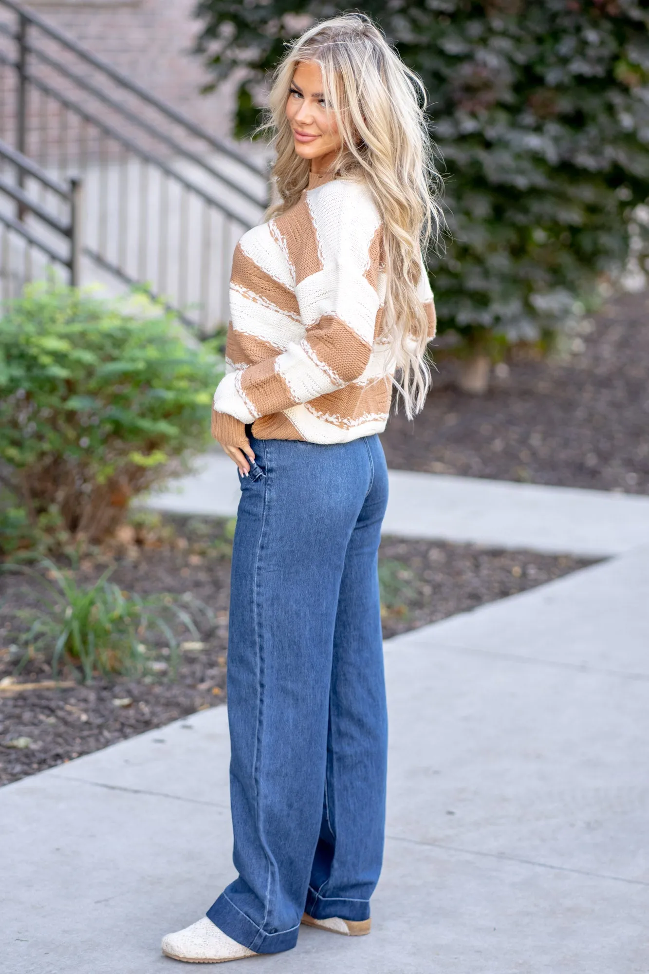 Striped Contrast Distressed Sweater