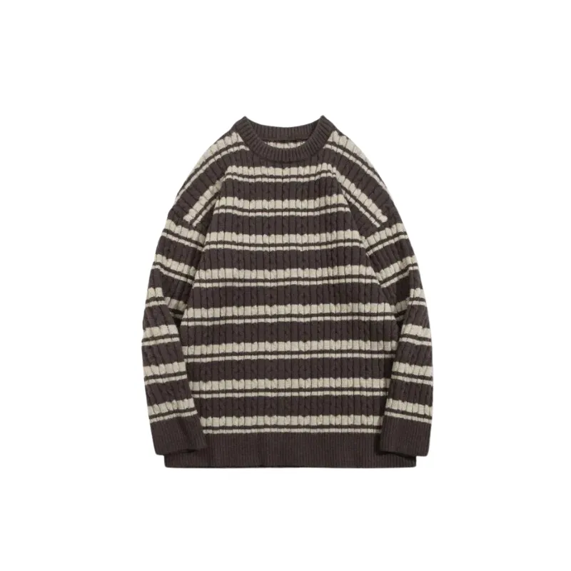 Textured Ribbed Two-Tone Striped Crew Neck Sweater