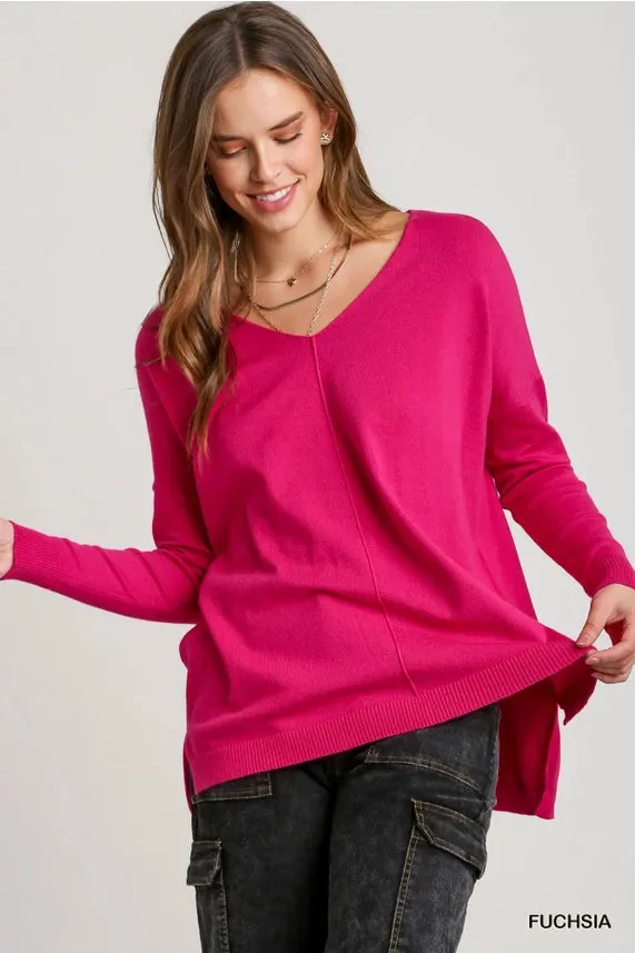 V-Neck Knit High Low Hem Sweater Top with Side Slit