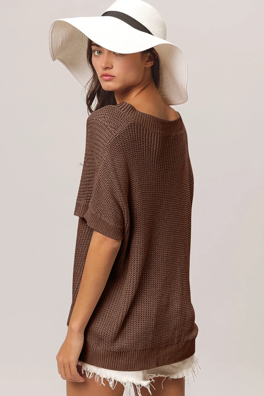 V-Neck Slit Short Sleeve Sweater